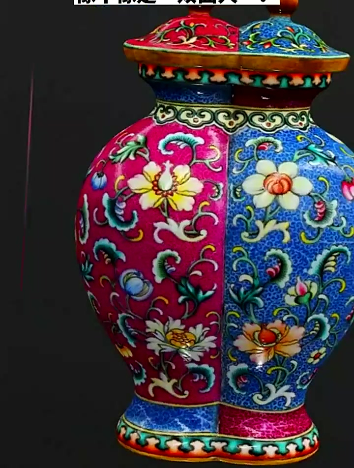 清乾隆·胭脂红蓝地珐琅彩折枝花纹合欢瓶,故宫陶瓷馆的标志性