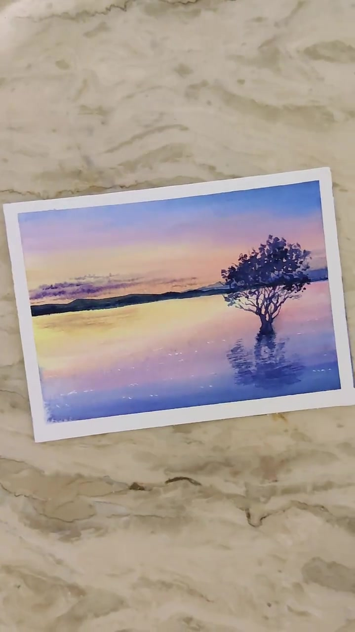 简单水彩画天空之镜视频