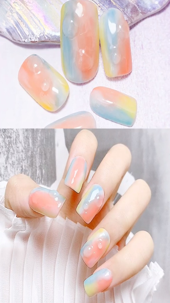 玉脂琥珀渐变三色彩虹水滴美甲