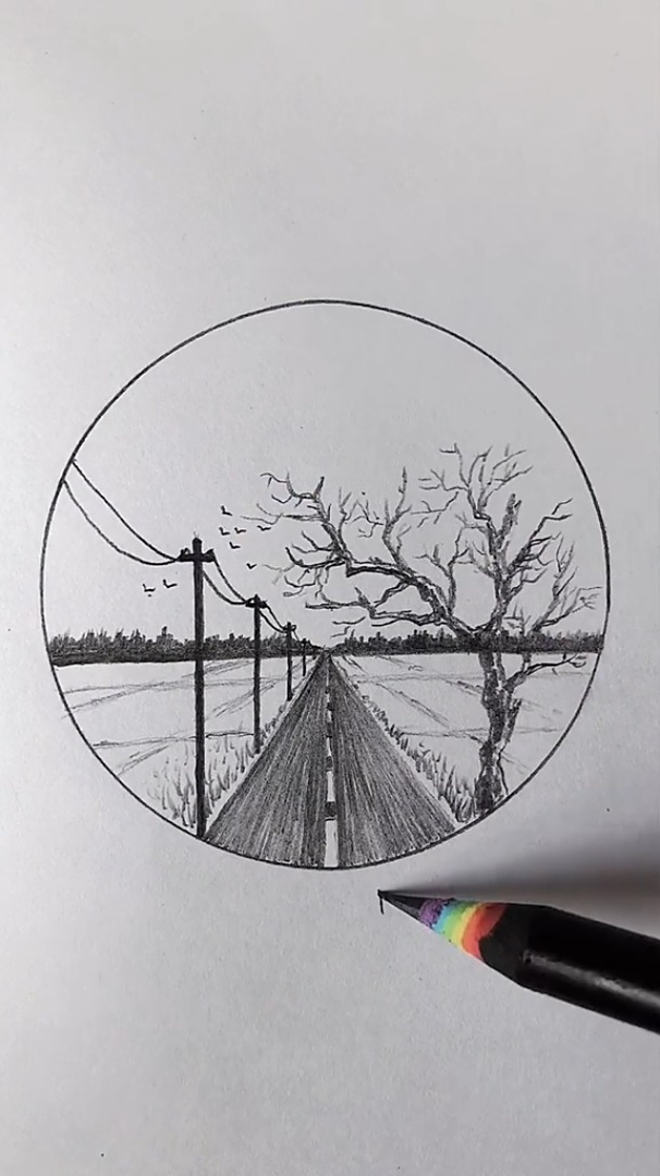 铅笔画;向远处延伸的公路景色