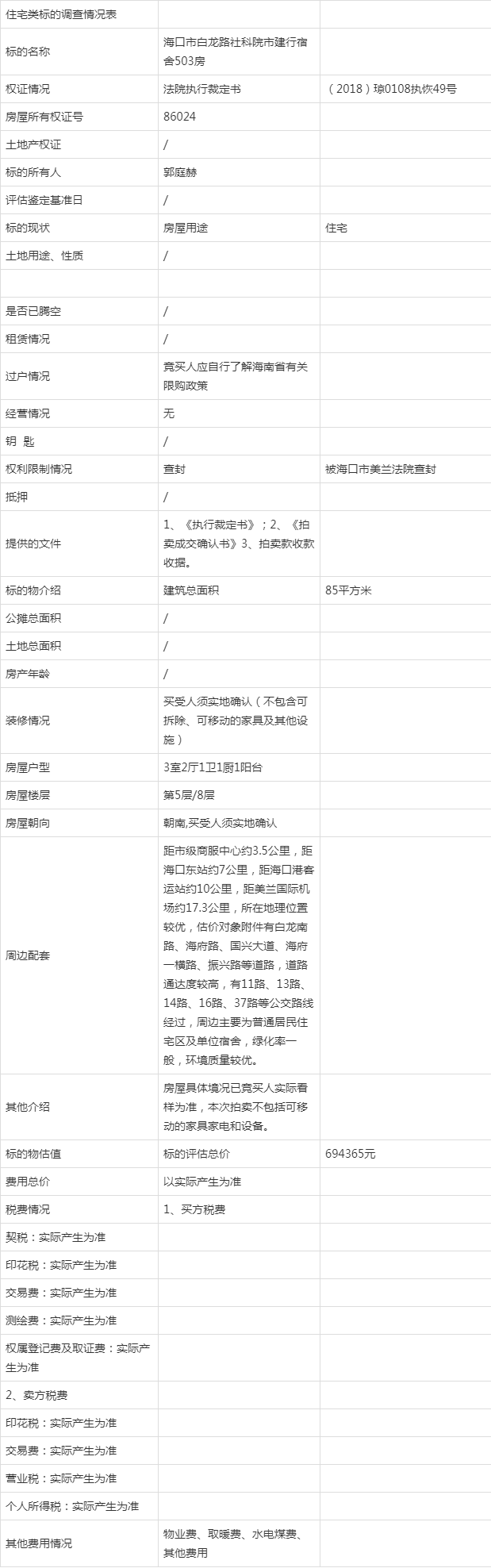 拍卖海口市白龙路社科院市建行宿舍503房