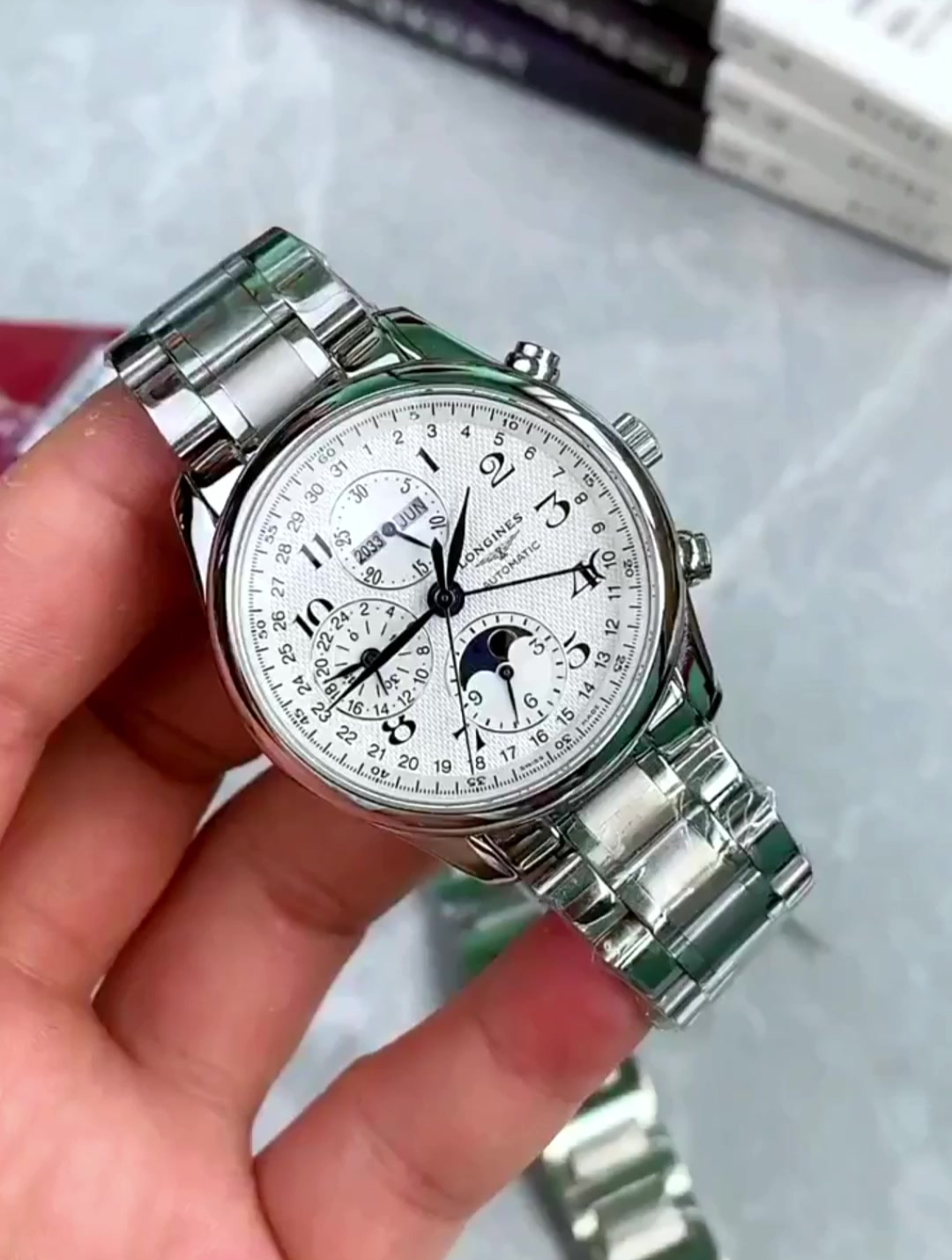 浪琴瑞士手表名匠系列月相机械钢带男表