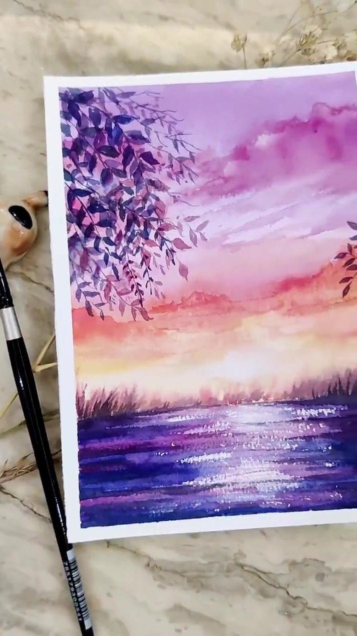 水彩画夕阳湖畔风景视频