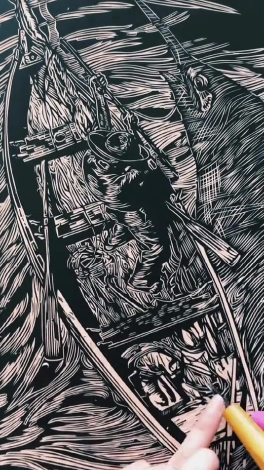 老人与海手工雕刻黑白木刻版画
