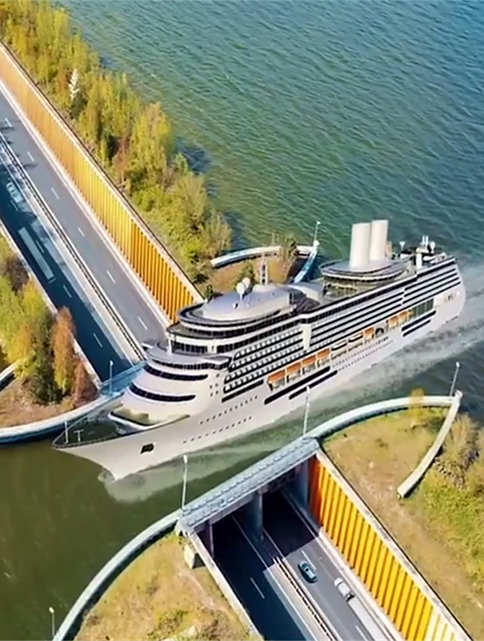 神奇的荷兰水道桥!船在桥上行,车在水下开-度小视