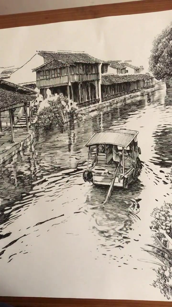 钢笔画创作中江南水乡乌镇