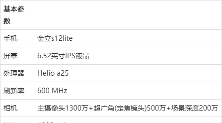 金立s12lite手机参数