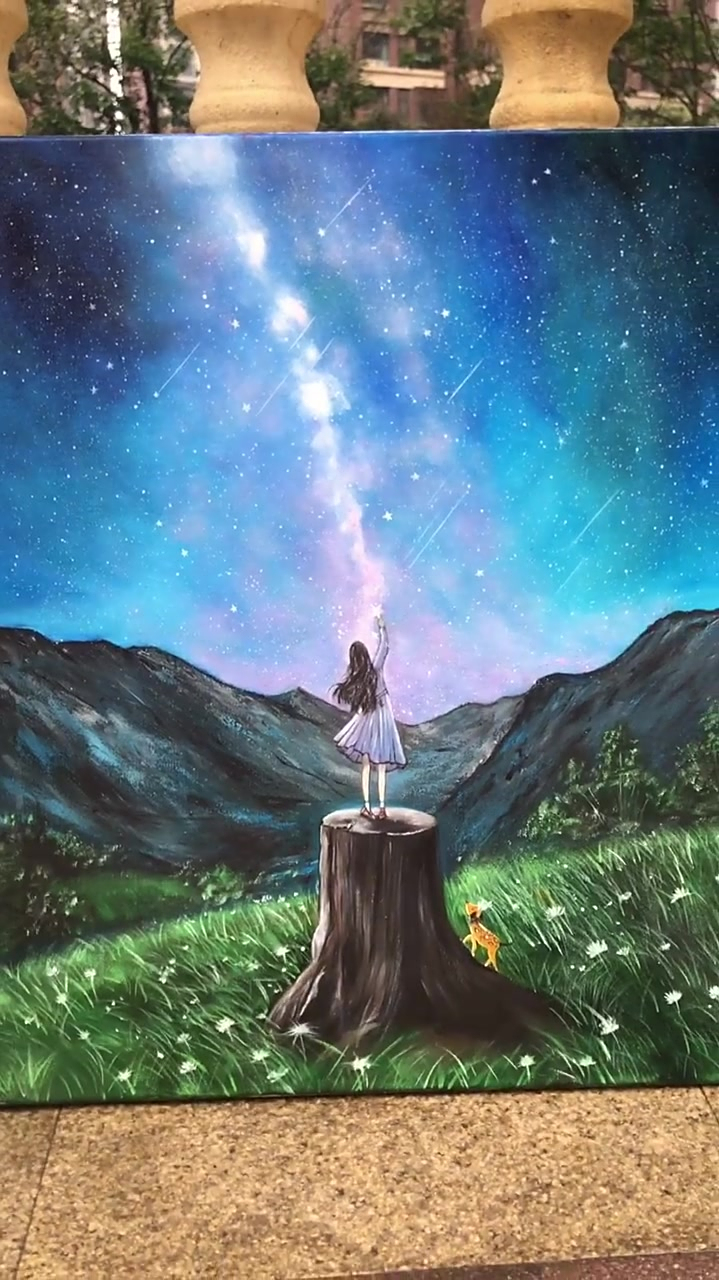 手绘油画摘星星的女孩