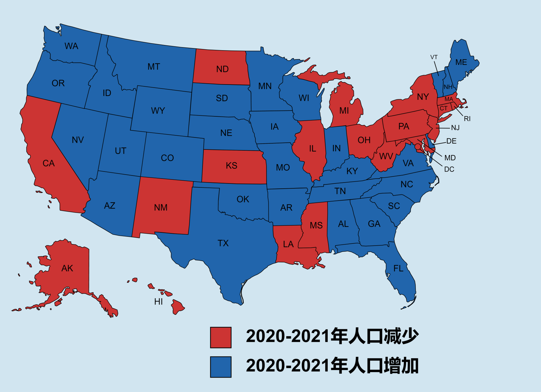 2020-2021年美国人口增加/减少的地区.