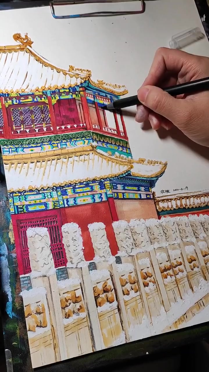 故宫的雪马克笔风景故宫的雪