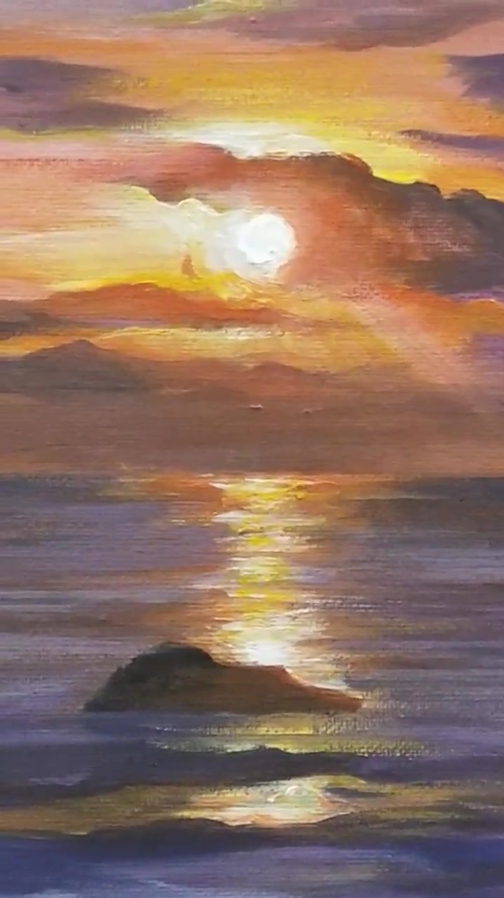 零基础丙烯画海边落日绘画小白快冲