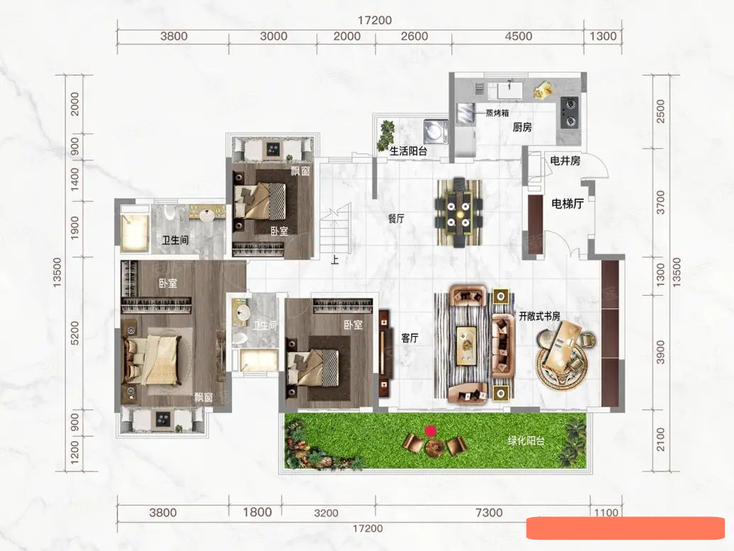 220平米顶层复式户型三个大露台阳台宽度超10m