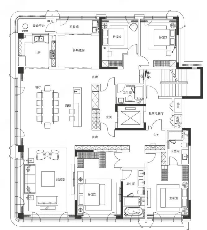 300平米的大平层户型有3个入户门奢华的象征