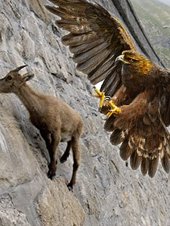 老鹰捕食山羊,不料聪明的山羊直奔悬崖而下,镜头记录精彩一幕