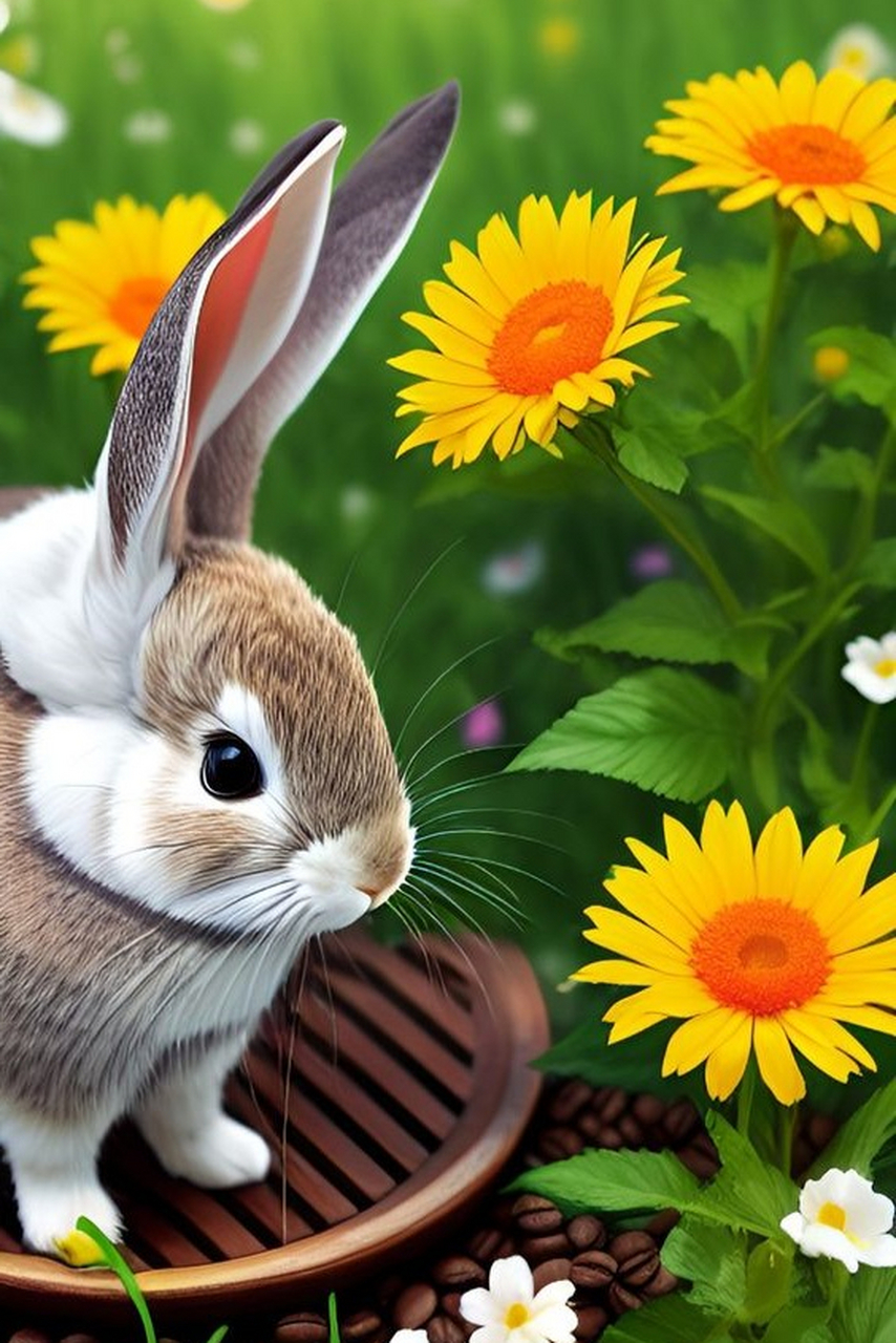 花丛里的长耳朵兔子