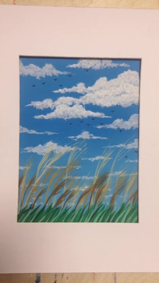 蓝天白云扇形笔隆重登场水粉画