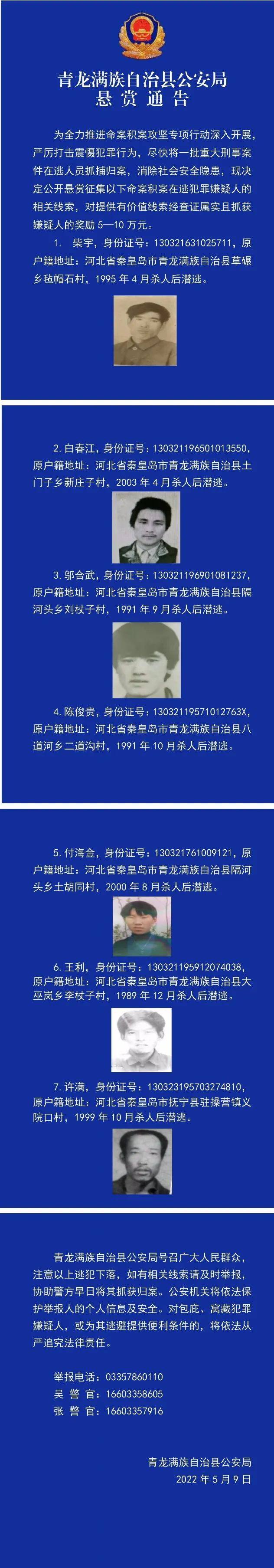 十万悬赏通告!秦皇岛一地警方通缉7名杀人犯!