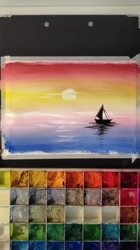 夕阳大海水粉画图片