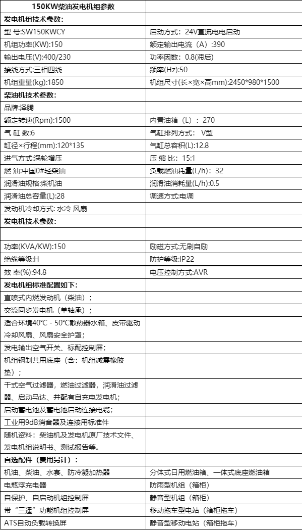 150kw泽腾柴油发电机 静音式 全自动ats