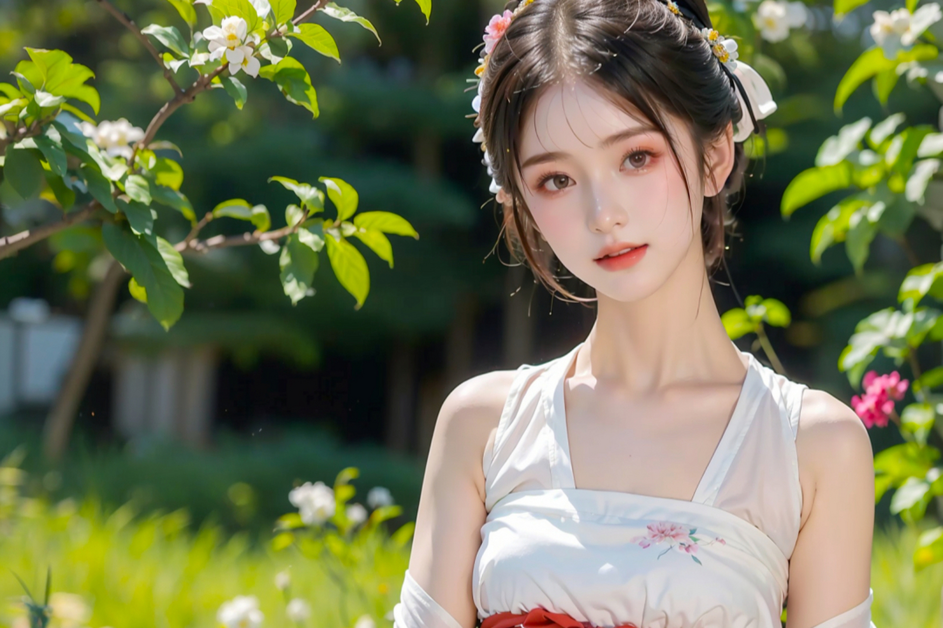 一位16岁的古典少女,身着轻粉色汉服,发型古典,手中持花,展现出优雅