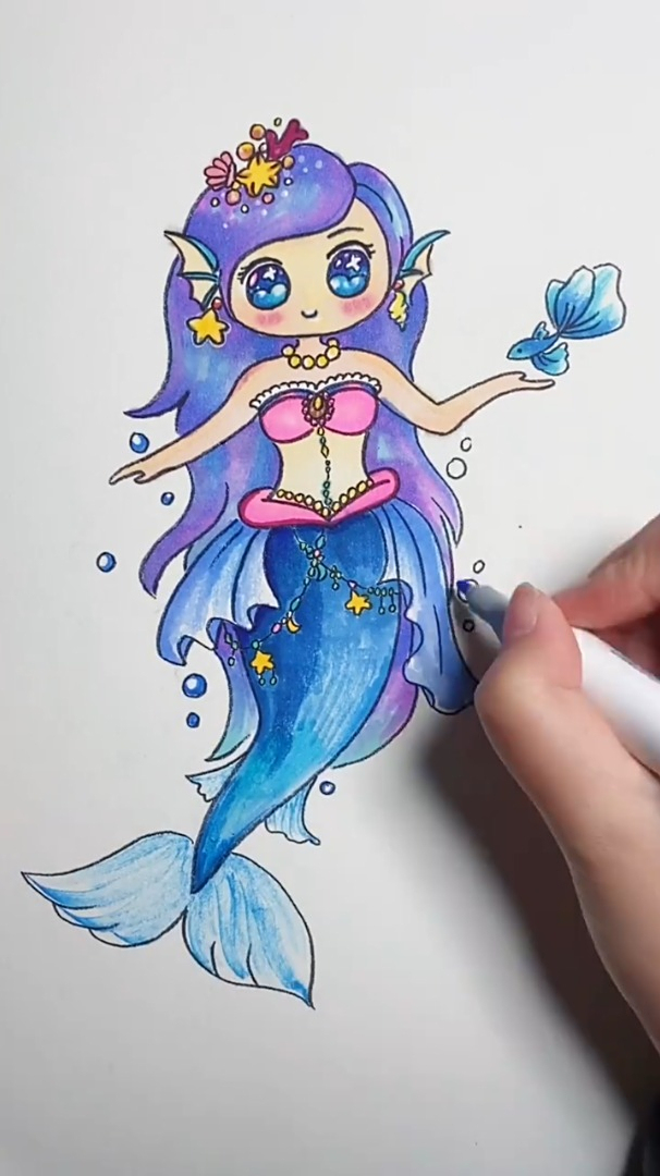 美人鱼简笔画,动漫女孩