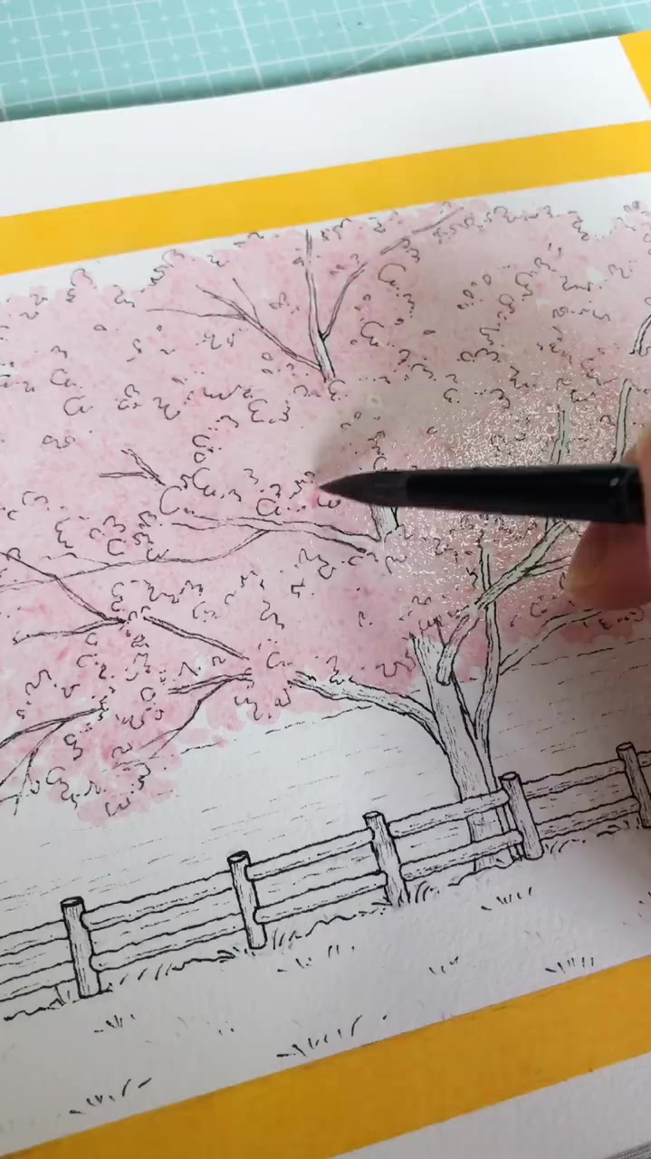 钢笔淡彩海边的樱花树绘画细节