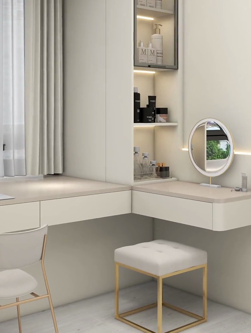 一边做梳妆台一边做开放式书柜,中间做书桌搭配灯带,好看又实用