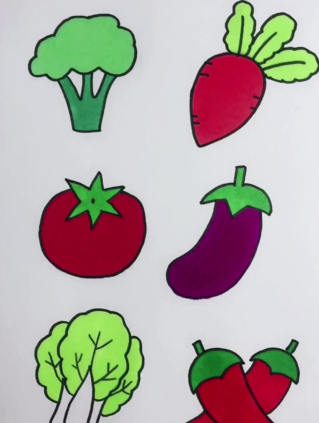 各种蔬菜简笔画,大白菜,萝卜,南瓜,西红柿简笔画,超简单!