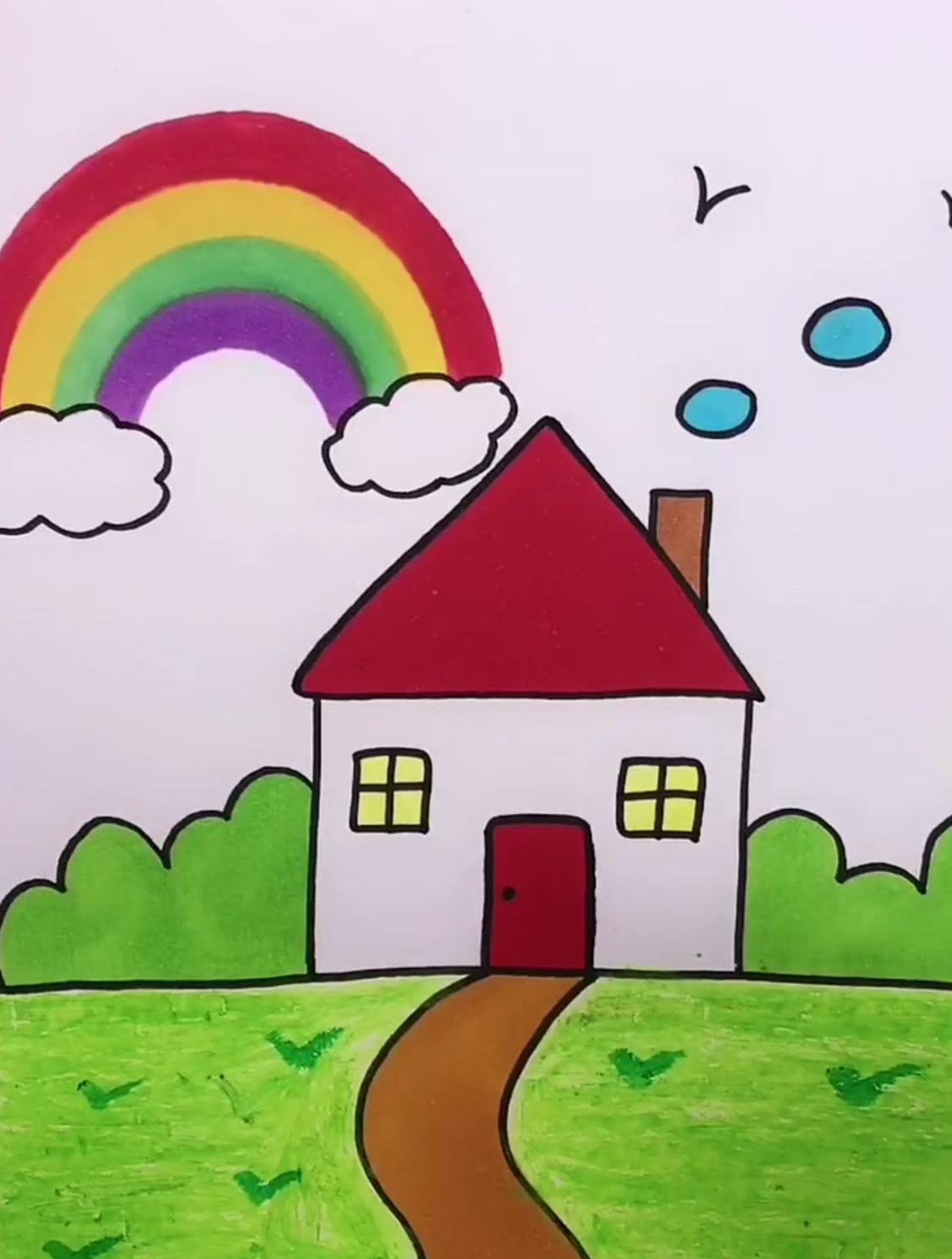 幼儿早教画画教程,放假了在家和孩子一起画一张小屋子的简笔画