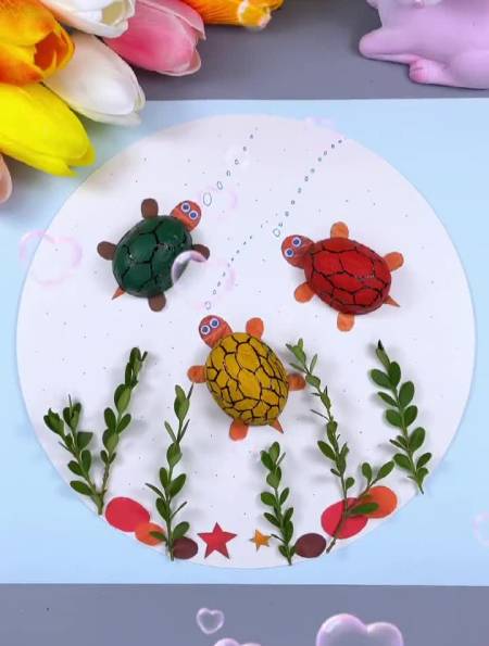 用树叶和核桃壳做可爱的彩色小乌龟吧,太可爱了!