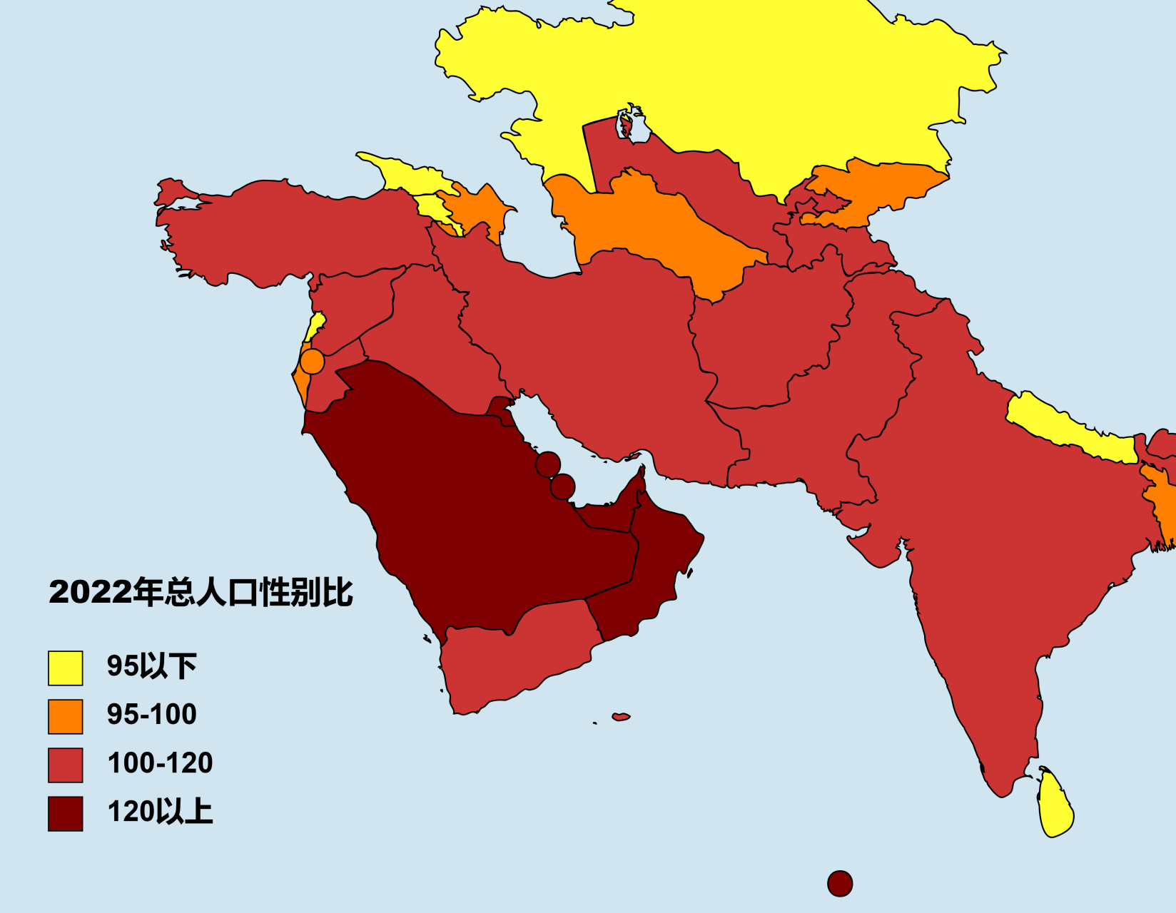 有12个国家女多男少,性别比最小的亚美尼亚,只有81,这是因为该国男女