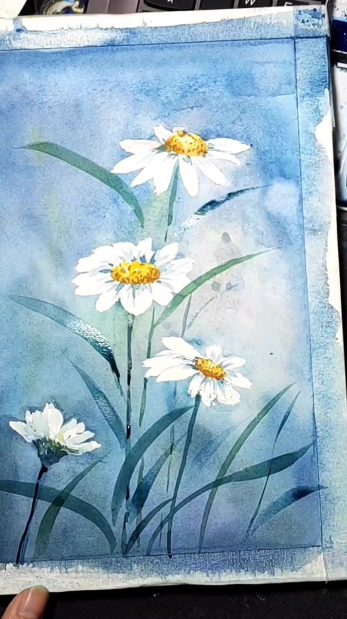 水彩的绘画过程,好看的小雏菊