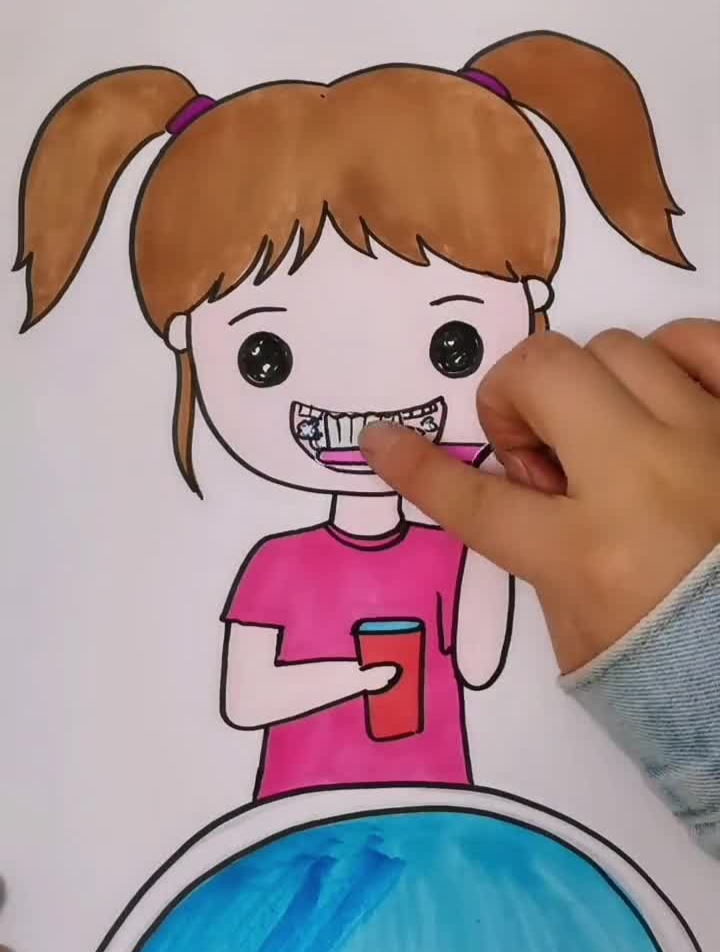 创意简笔画爱刷牙的小女孩简笔画创意美术