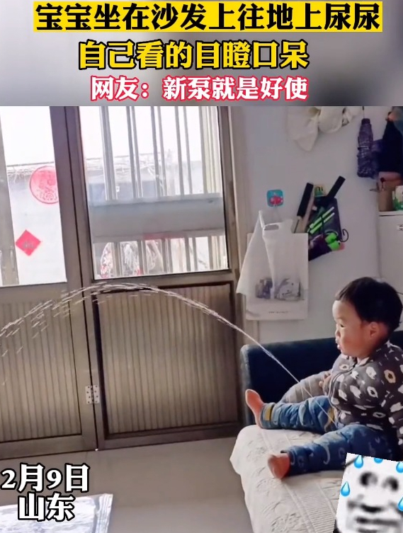 宝宝坐在沙发上往地上尿尿,自己看得目瞪口呆网友:新泵就是好使