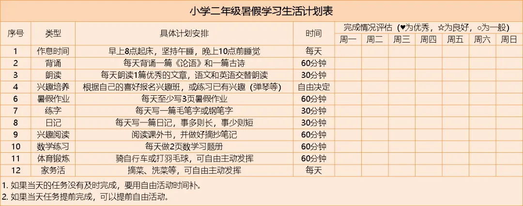 二年級孩子假期計劃表怎麼制定?