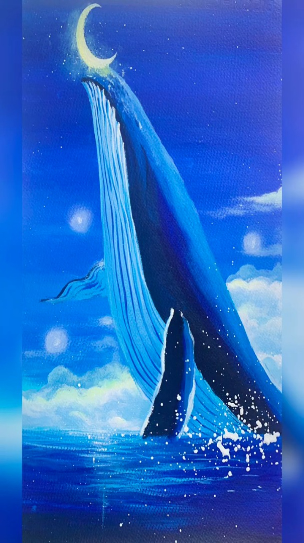 丙烯画,鲸,今天材料简单,一张被画过的纸,请多包涵