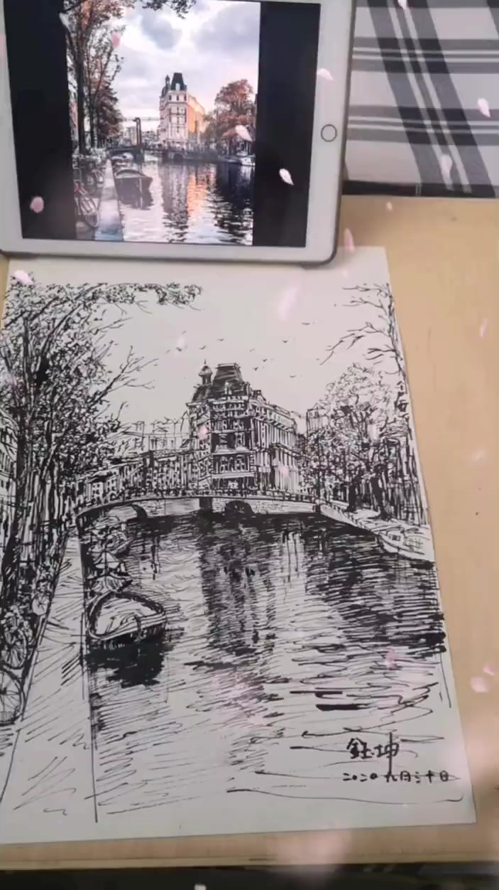 钢笔画风景速写河边的小船