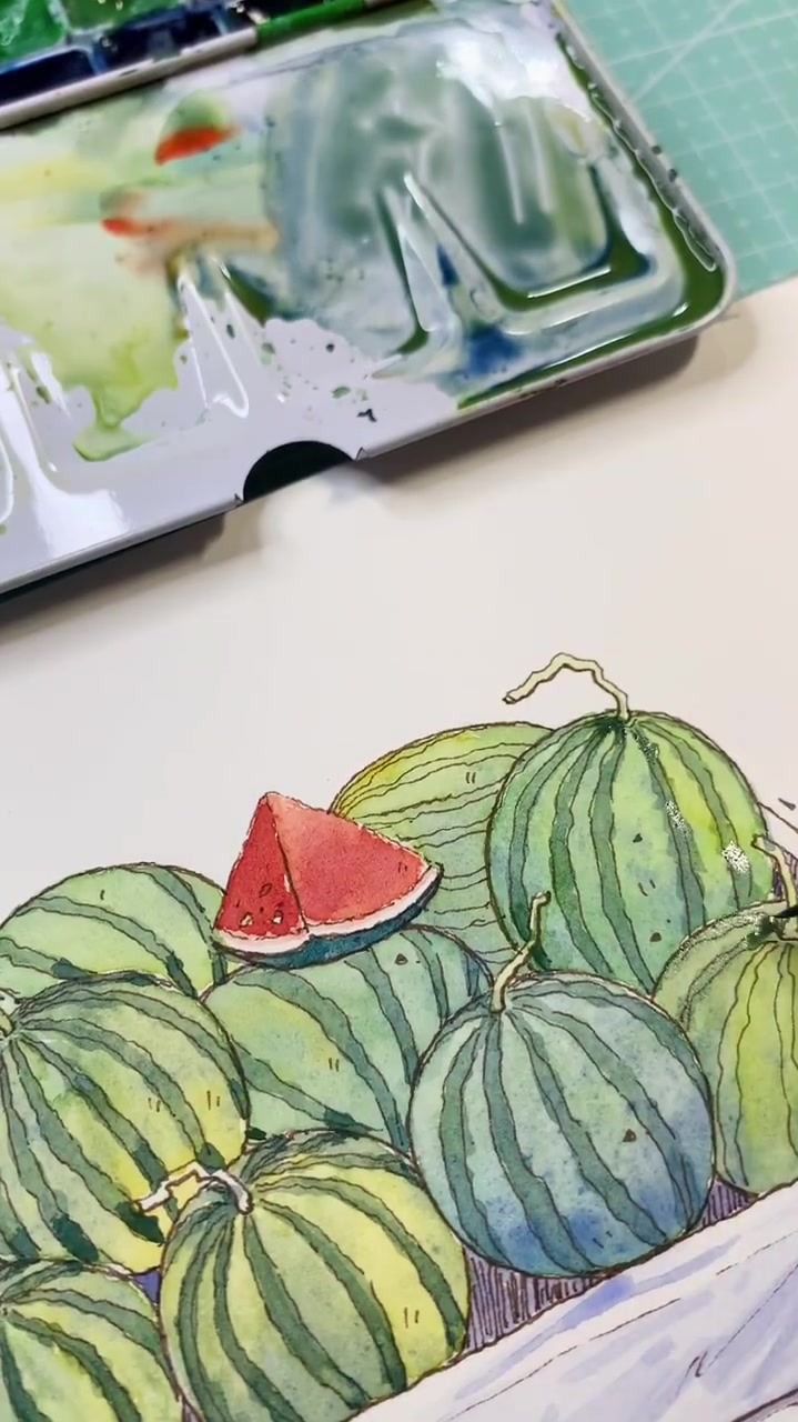 钢笔淡彩丨一堆西瓜的详细绘画过程