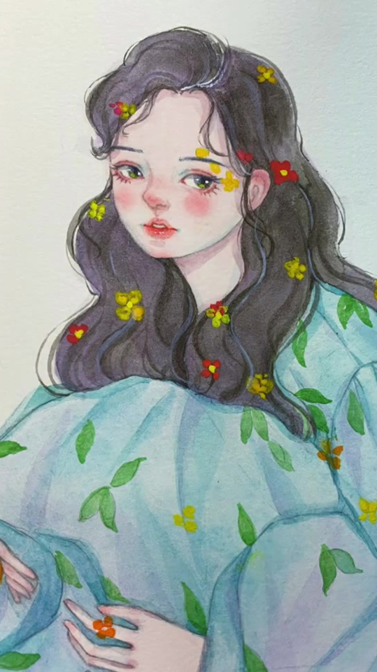 画个蓝色清新水彩少女