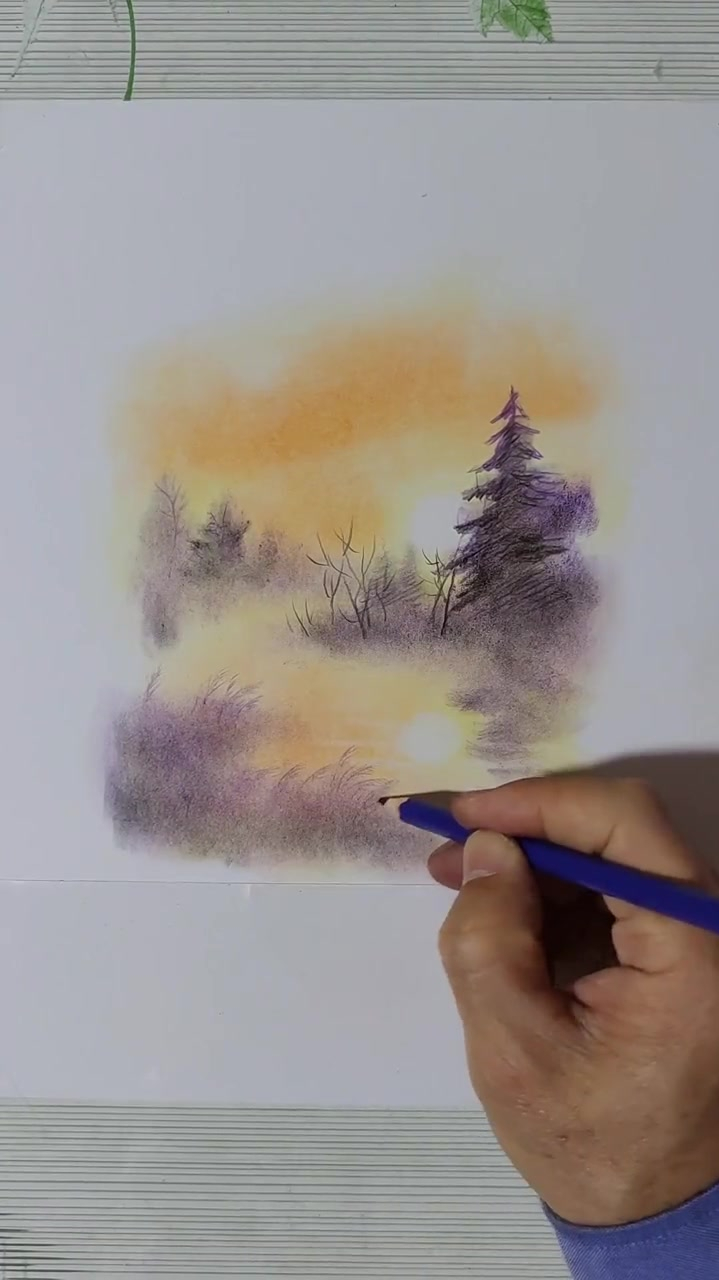 彩铅画,夕阳下的小溪