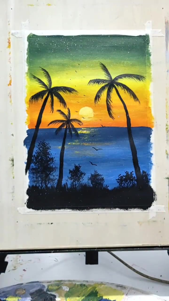 丙烯风景画晚霞中的椰子树