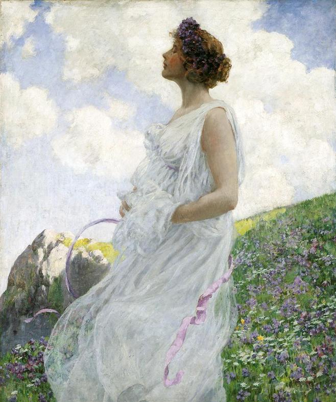 油画:穿着白裙子的女孩子走在旷野中