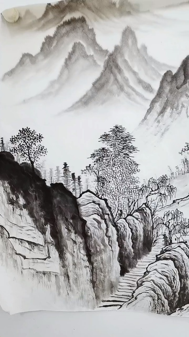 第一遍墨稿效果,传统山水画,中国山水画,中国画山水