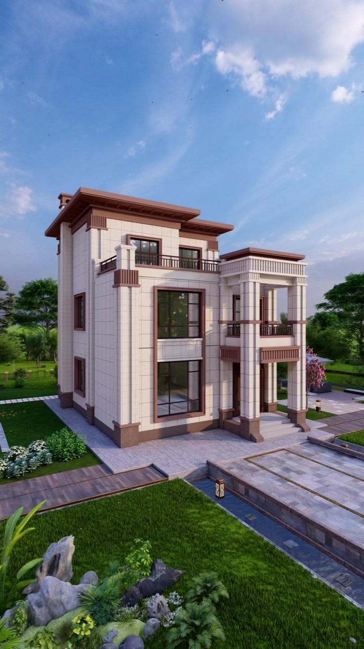 开间8米宽进深12米深两开间新中式二层别墅设计图纸建房图纸效果图