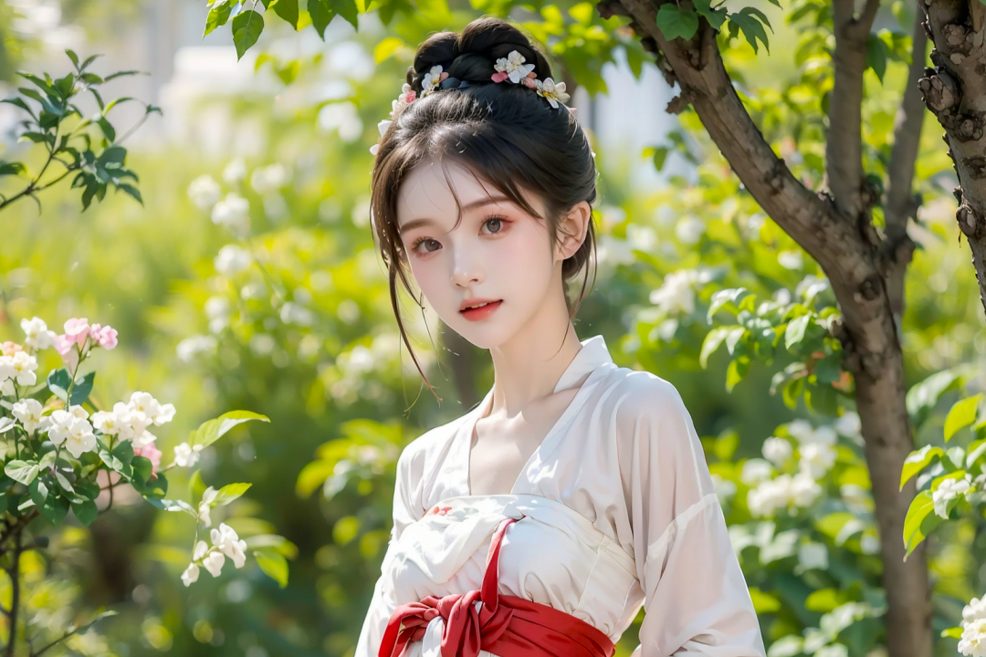 一位16岁的古典少女,身着轻粉色汉服,发型古典,手中持花,展现出优雅