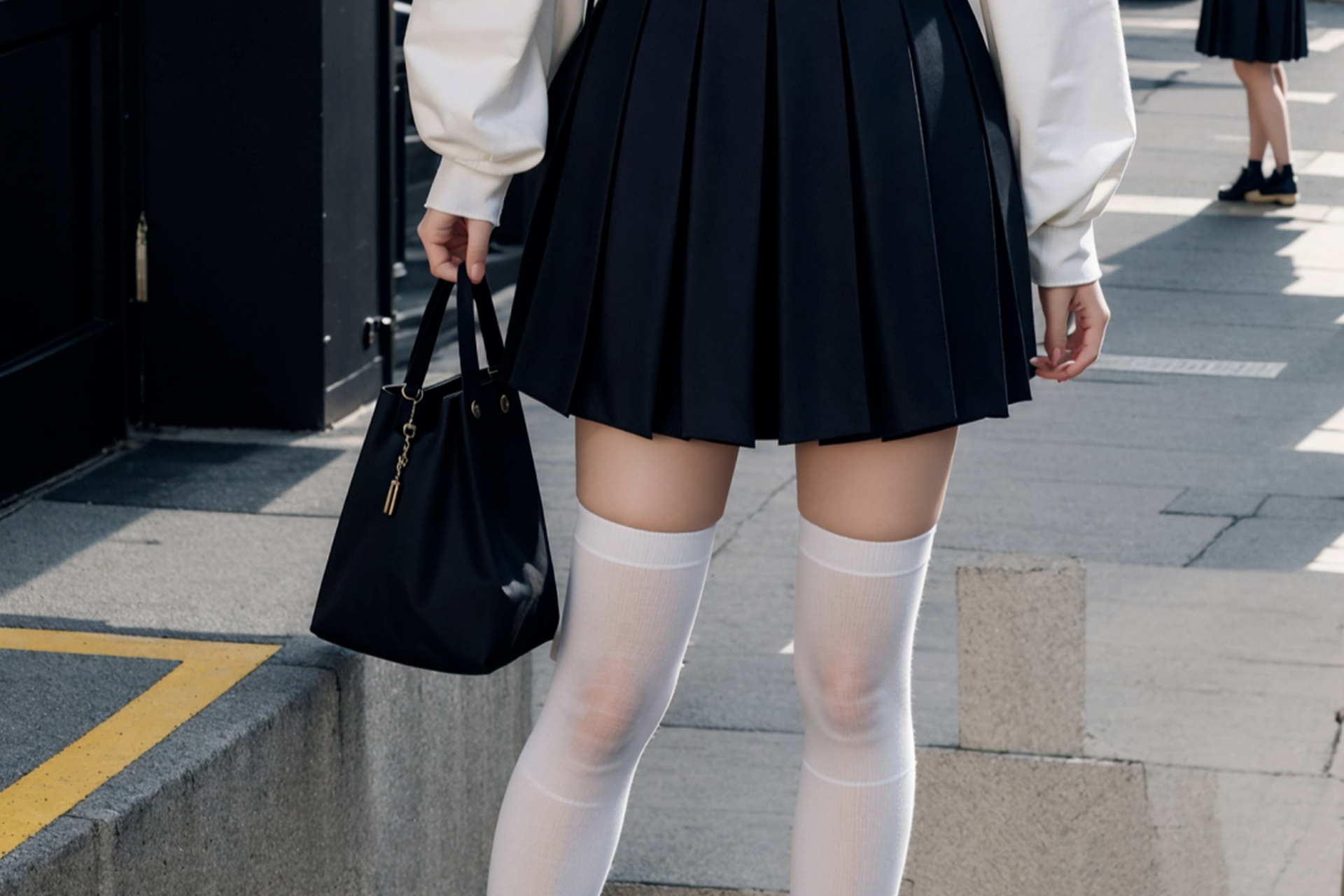 一位女孩独自站在街头,身穿校服,脚踩黑色皮鞋和长筒袜,展现出青春