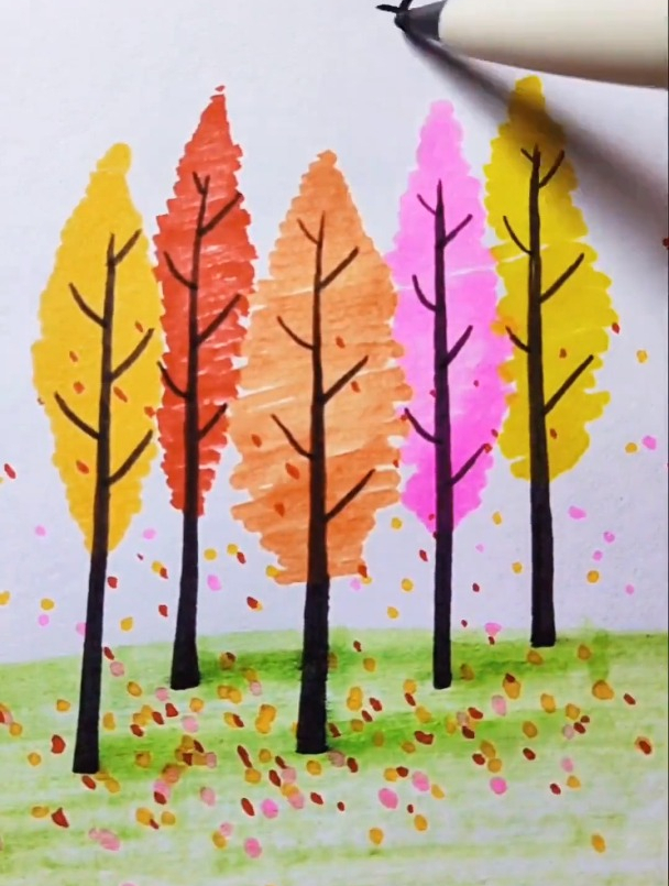 秋天有彩色的小树林你喜欢吗 简笔画