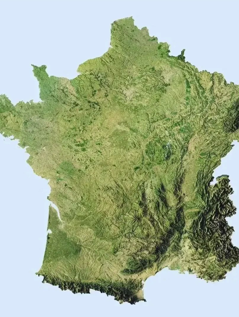 法国地形示意图,法国地势东南高西北低,平原占总面积的三分之二-度小