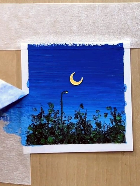 油画棒风景画 绘画过程分享 治愈系风景 蓝色治愈系