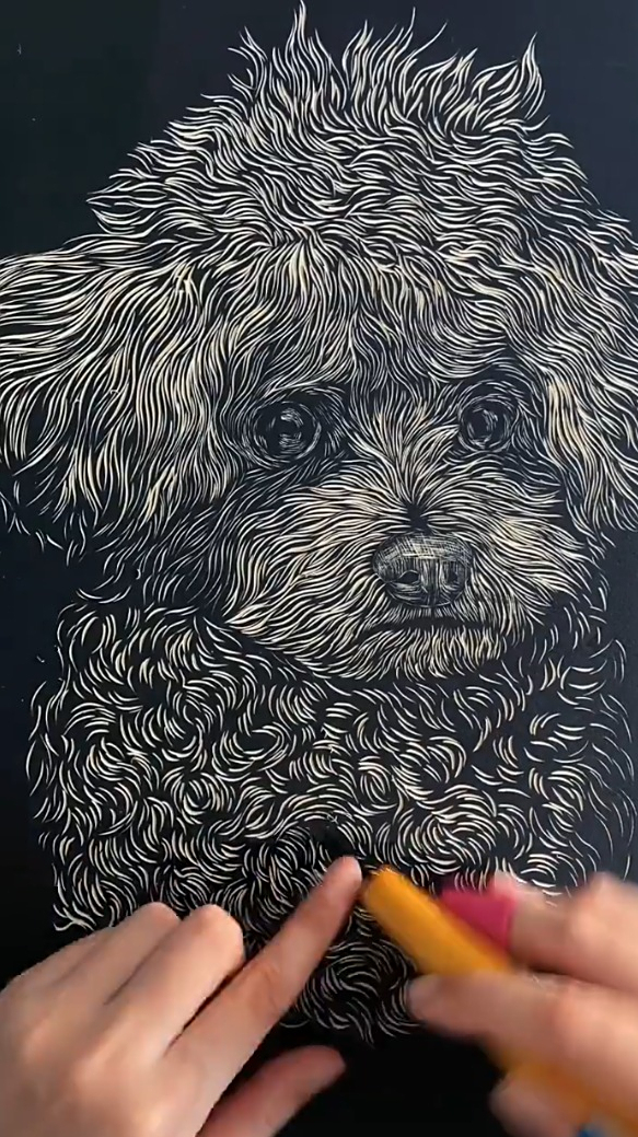 手工雕刻黑白木刻版画狗狗